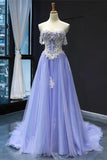 Fashion Light Lavender Tulle White Lace Prom Dresses Formal A Line Evening Dress Party Gowns