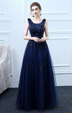 Fashion A Line Appliques Dark Blue Lace Long Prom Dresses Formal Evening Dress Party Gowns