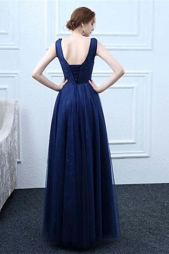 Fashion A Line Appliques Dark Blue Lace Long Prom Dresses Formal Evening Dress Party Gowns
