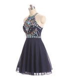 Rhinestone Fashion Navy Blue Chiffon Short Prom Dress Homecoming Dresses Party Gowns