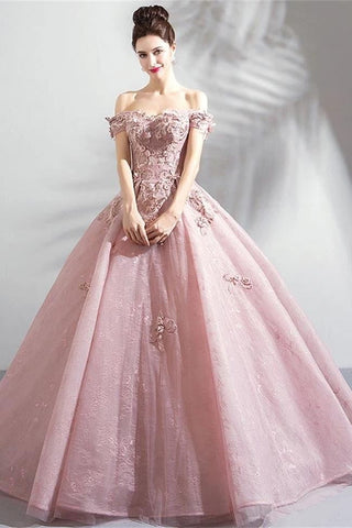 Wedding Off Shoulder Pink Lace 3D Flowers Ball Gown Prom Dresses Evening Quinceanera Dress