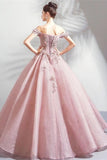 Wedding Off Shoulder Pink Lace 3D Flowers Ball Gown Prom Dresses Evening Quinceanera Dress