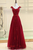 Stunning Burgundy Lace Appliques Long Prom Dresses Formal A Line Evening Dress Party Gowns