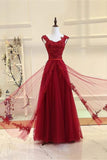 Stunning Burgundy Lace Appliques Long Prom Dresses Formal A Line Evening Dress Party Gowns