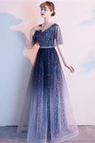 New Design Blue Ombre/Gradient Tulle Half Sleeves Prom Dresses Formal Evening Dress For Party