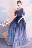 New Design Blue Ombre/Gradient Tulle Half Sleeves Prom Dresses Formal Evening Dress For Party