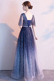 New Design Blue Ombre/Gradient Tulle Half Sleeves Prom Dresses Formal Evening Dress For Party