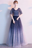 New Design Blue Ombre/Gradient Tulle Half Sleeves Prom Dresses Formal Evening Dress For Party