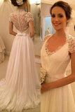 See Through Back Top Cap Sleeves V Neck Lace Beach Bridal Gowns Wedding Dresses