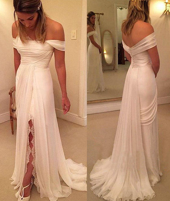 Charming Beach Sexy Backless Off the Shoulder Slit Sheath Bridal Gowns Wedding Dresses