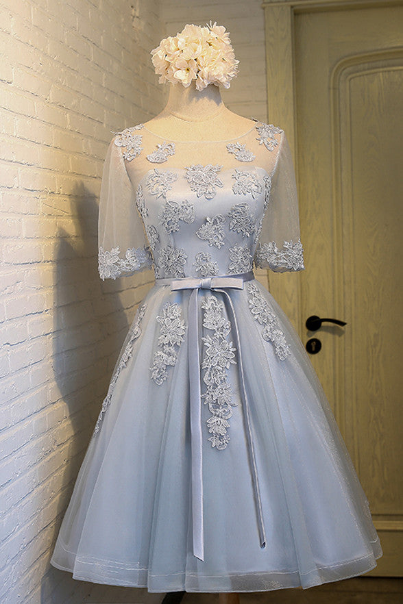 Light Blue Half Sleeves Lace Short Homecoming DressesGraduation Dress Prom Gowns