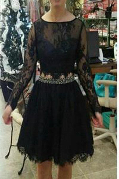 Black Lace 2 Pieces Long Sleeves Short Homecoming Dress Party Gowns Prom Dresses