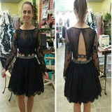 Black Lace 2 Pieces Long Sleeves Short Homecoming Dress Party Gowns Prom Dresses