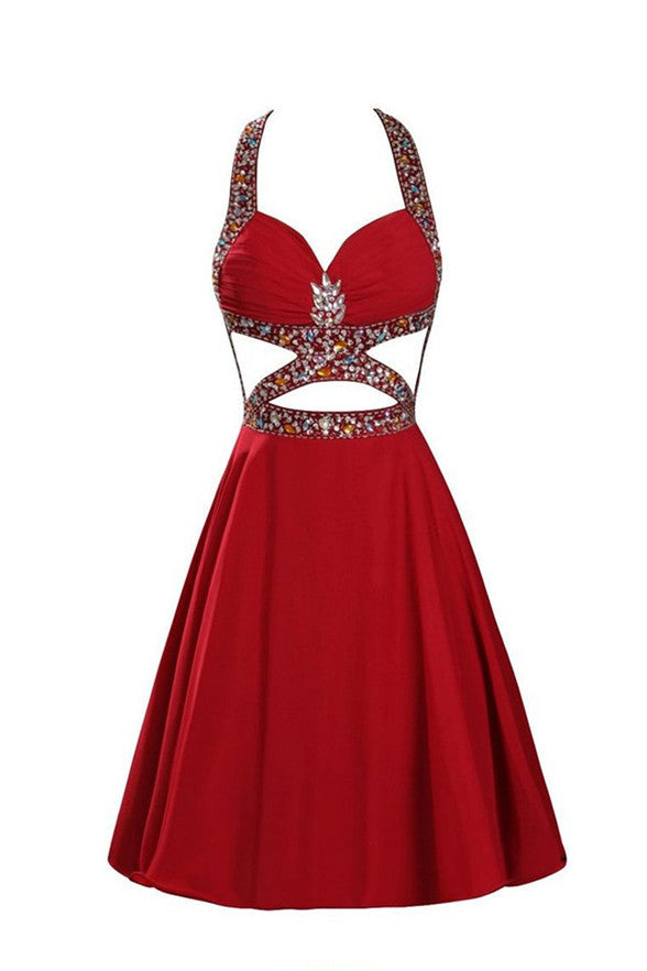 Sexy Halter Beaded Red Open Back Homecoming Dresses Party Gowns Prom Dress