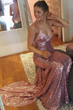 Spaghetti Straps Shiny Rose Pink Sequin Mermaid Backless Evening Prom Dresses Party Dress