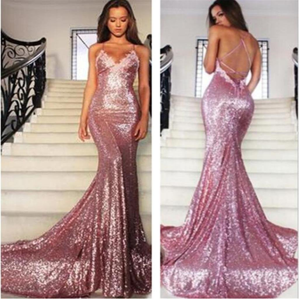 Spaghetti Straps Shiny Rose Pink Sequin Mermaid Backless Evening Prom Dresses Party Dress