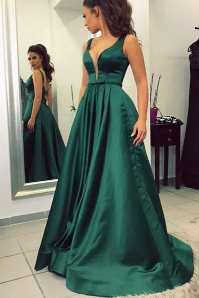 Open Back V Neck Elegant Dark Green Deep Charming Evening Prom Dresses Party Gowns Dress