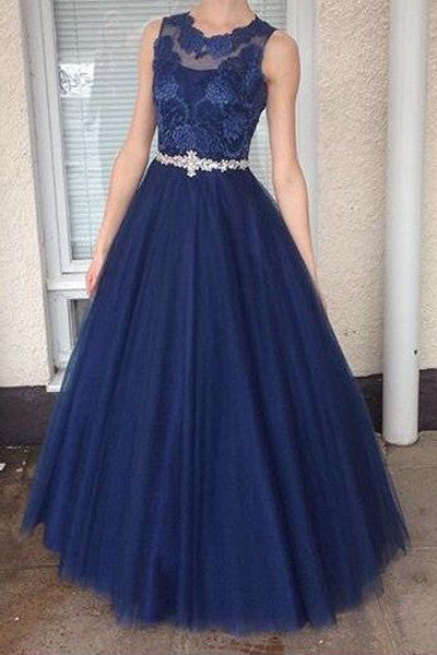Dark Blue High Neck Lace Long Evening Dress Prom Dresses Party Gowns With Beaded Belt