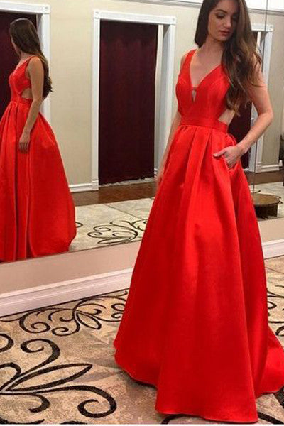 Backless Charming V Neck Off the Shoulder Red Evening Prom Dresses Party Gowns With Pocket