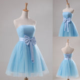 Light Blue Tulle Simple Strapless Homecoming Dresses Short Prom Dress Party Gowns