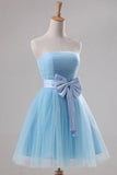 Light Blue Tulle Simple Strapless Homecoming Dresses Short Prom Dress Party Gowns