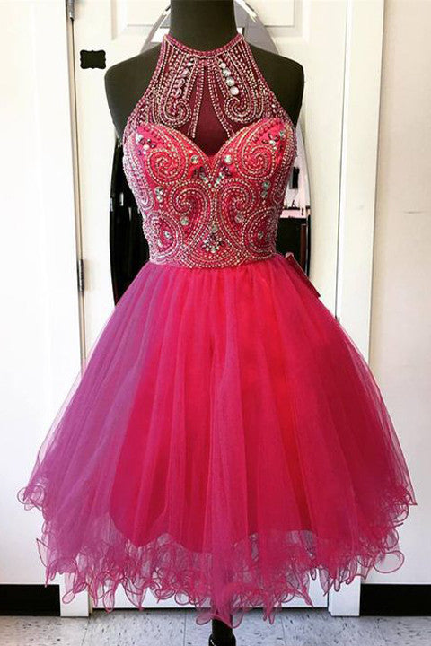 Hot Pink High Neck Tulle Beaded Mini Length Cute Homecoming Dress Prom Dresses