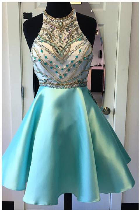High Neck Turquoise Rhinestones Homecoming Dress Short Prom Dresses Graduation Gowns