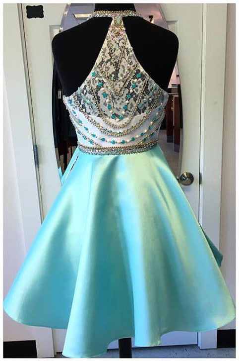 High Neck Turquoise Rhinestones Homecoming Dress Short Prom Dresses Graduation Gowns