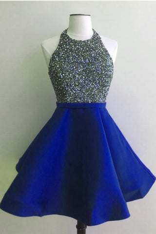 Open Back Short High Neck Royal Blue Homecoming Dresses Prom Dress Party Gowns