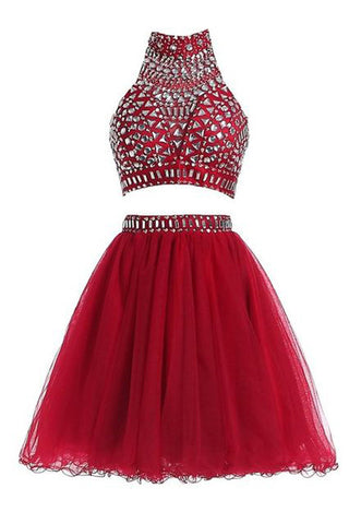 2 Pieces Rhinestone Burgundy High Neck Short Prom Dress Homecoming Dresses