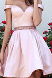 Pink Satin Short Drop Sleeves Homecoming Dresses Party Gowns With Beaded Belt Prom Dress