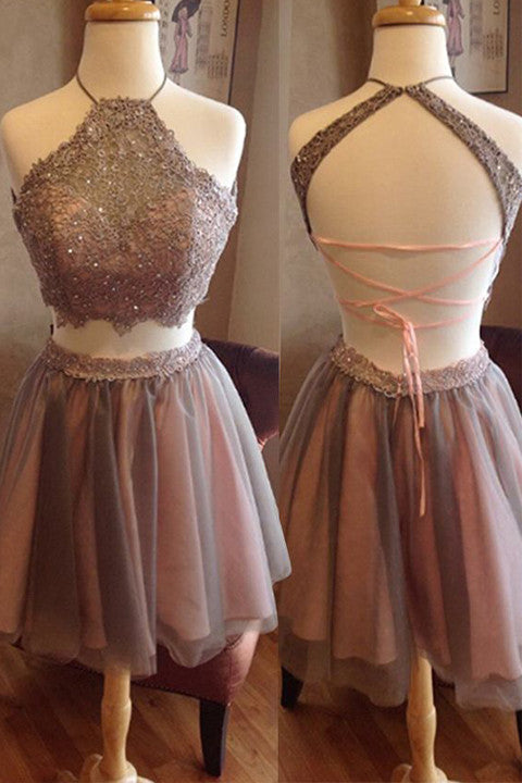2 Pieces Short Halte Open Back Grey Lace Prom Dresses Homecoming Dress Party Gowns