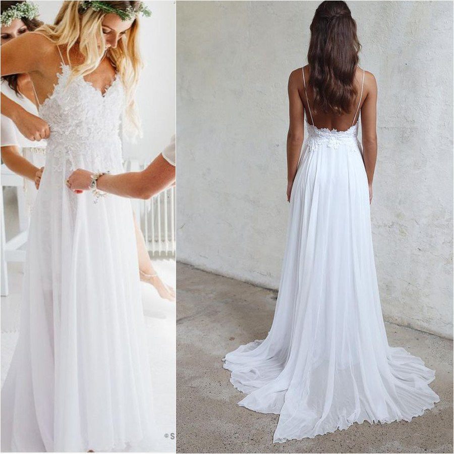 Spaghetti Straps Open Back White Lace Beach Charming Wedding Dresses B ...