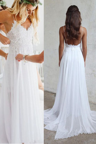 Spaghetti Straps Open Back White Lace Beach Charming Wedding Dresses Bridal Gowns