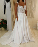 Lace Bridal Spaghetti Straps Chapel Train Gowns Wedding Dresses With Pocket