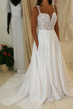 Lace Bridal Spaghetti Straps Chapel Train Gowns Wedding Dresses With Pocket