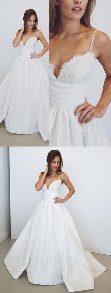 High Quality A Line Spaghetti Straps Lace V Neck Bridal Gowns Wedding Dresses
