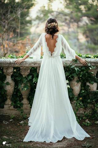 Long Sleeves V Neck Backless Lace Beach Cheap Wedding dressBridal Gowns