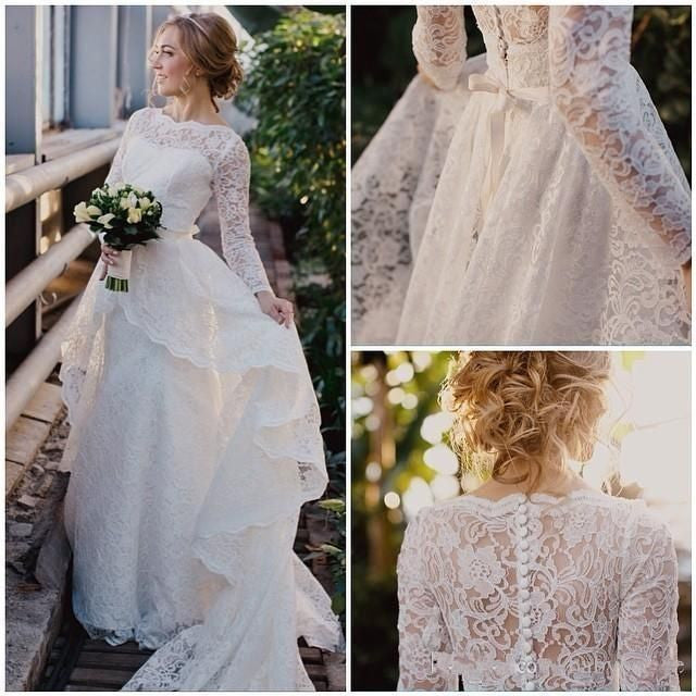 High Neck Train Long Sleeves Tiered Lace Wedding Dresses Bridal Gowns
