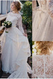 High Neck Train Long Sleeves Tiered Lace Wedding Dresses Bridal Gowns