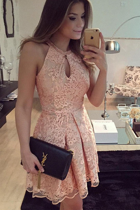 Halter Charming Skin Pink Lace Mini Length Prom Dress Homecoming Dresses Party Gowns