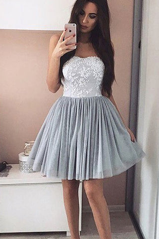 White Lace Strapless Silver Chiffon Short Charming  Homecoming Dresses Party Gowns Prom Dresses