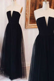 Elegant Black Tulle V Neck Evening Quinceanera Dress Long Prom Dresses