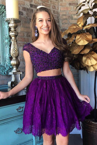 Purple Lace Cap Sleeves 2 Pieces Short Prom Homecoming Dresses Party Gowns