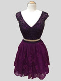 Purple Lace Cap Sleeves 2 Pieces Short Prom Homecoming Dresses Party Gowns