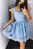 Off the Shoulder Light Blue Lace V Neck Short Prom Dress Homecoming Dresses