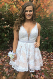White Lace V Neck Off the Shoulder Short Prom Homecoming Dresses Cocktail Dress