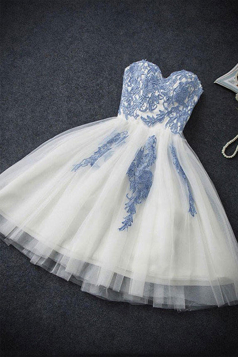 Sweetheart Light Blue Lace Short Homecoming Dresses Prom Gowns