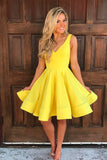 Yellow Satin V Neck Off the Shoulder Charming Short Prom Gowns Homecoming Dress