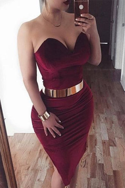 Mermaid Short Sexy Burgundy Prom Homecoming Dresses Party Dress With Gold Belt